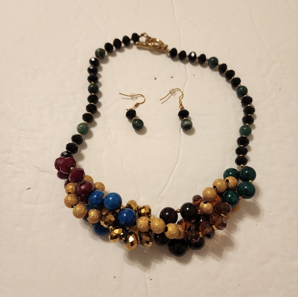 Treska Beaded Cluster Multicolor Matching Earrings and Necklace - Picture 2 of 3